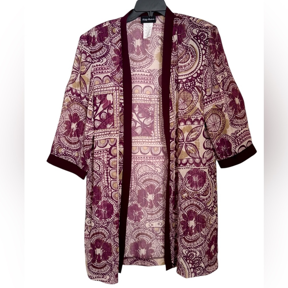 KIMONO/COAT/DUSTER SHEER & SATIN CHIFFON FLORAL TUNIC LENGHT. VINTAGE. SIZE 16.
